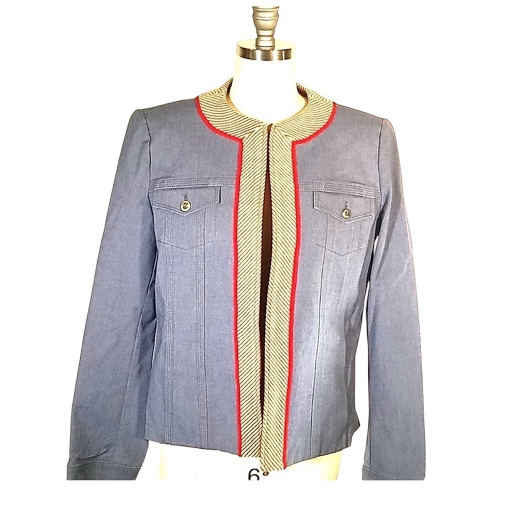 St. John Blue and Red Jean Jacket with Sporty Trim